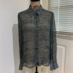 Vintage DKNY Green Leopard Print sheer silk Blouse size 12